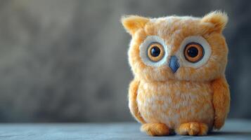 A charming orange plush owl is positioned on a table with a soft gray background. Its large round eyes and fluffy texture create an inviting and playful appearance perfect for any decor. photo