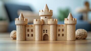 A beautifully crafted wooden castle toy is placed on a wooden surface. This engaging plaything sparks creativity and provides hours of imaginative fun for children of all ages. photo