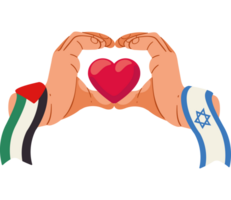 palestine and israel flags in hands with heart design png