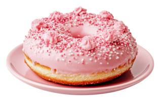 Pink donut with sprinkles on a pastel plate png