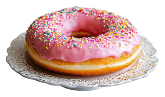 Delicious pink frosted donut with sprinkles png