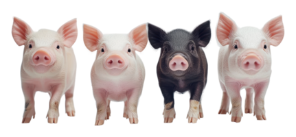 Four adorable piglets standing together in a row png