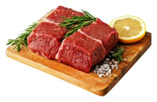 Fresh cut red meat with herbs and lemon slices png