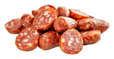 Assorted slices of cured sausage stacked neatly png
