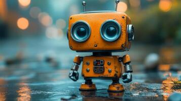 A charming vintage robot toy stands on a rain-soaked surface, surrounded by a blurred urban backdrop filled with colorful lights at twilight. A sense of nostalgia fills the air. photo