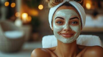 A woman relaxes in a tranquil spa setting, adorned with a green facial mask. Soft lights create a peaceful atmosphere, enhancing her serene expression while she enjoys self-care. photo