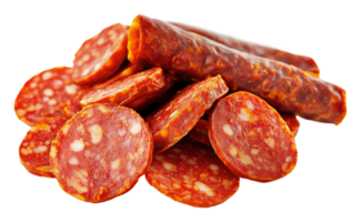 Assorted slices of spicy cured sausage on display png