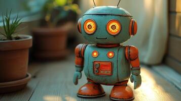 A cheerful vintage robot with glowing eyes stands on a wooden floor, surrounded by potted plants in a warm and inviting indoor space illuminated by daylight. photo
