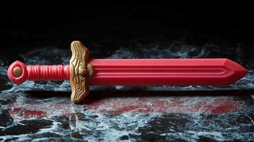 A vibrant red toy sword is resting on a polished dark marble surface. The hilt features elegant gold detailing, shining under soft lighting. photo