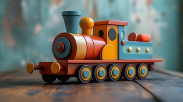 A cheerful wooden toy train features vibrant colors and intricate details, resting on a worn wooden surface with a soft, textured backdrop that enhances its playful nature. photo