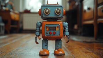 A small, vintage toy robot stands on a wooden floor inside a cozy room. Its bright colors and retro design evoke a sense of nostalgia, reflecting a playful ambiance. photo