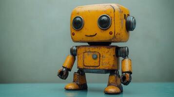A cute vintage robot toy stands on a teal surface, showcasing its wear and charm. Its bright yellow color and friendly expression evoke nostalgia. Perfect for collectors and enthusiasts. photo