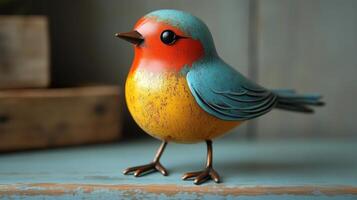 A colorful bird figurine with blue, yellow, and red accents stands on a weathered wooden table. Its whimsical design adds charm to the decor in a cozy indoor setting. photo