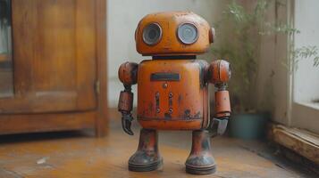 A rusty orange robot figure with round eyes and mechanical arms captures attention in a cozy, sunlit space filled with wooden furniture and plants, showcasing a nostalgic vibe. photo