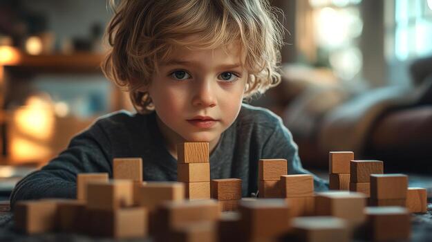 A young child intently constructs a structure using wooden blocks on a soft surface. Natural light streams in, creating a warm and inviting atmosphere. photo