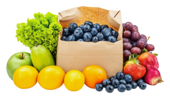 Fresh fruits and vegetables in a paper box display png