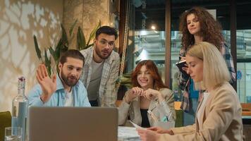 Multiracial creative team coworkers office colleagues coworking group students freelance architects business men women girls guys male female talking call friendly meet online conference laptop photo