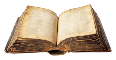Old book with worn pages resting open on a surface png