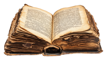 Old open book with yellowed pages on display png