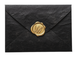 Elegant black envelope with wax seal on surface png
