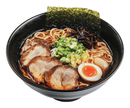 delicioso ramen cuenco presentando Cerdo y huevo png