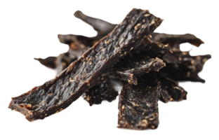 Tasty beef jerky strips on display png