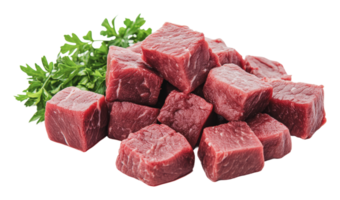 Freshly cut beef cubes with parsley garnish png