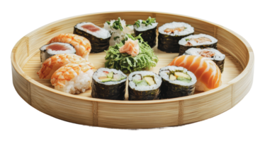 Assorted sushi platter presented on a wooden tray png
