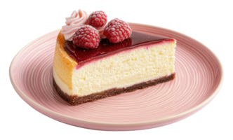 Cheesecake slice with raspberry topping on plate png