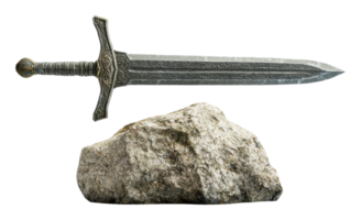 Ancient sword resting on a stone surface png