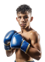 Young boxer practicing with blue gloves and focus png