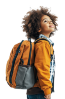 Child with backpack gazing up in light png