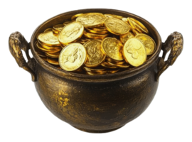 Pot filled with golden coins sits on a surface png