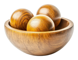 Wooden bowl with three crafted spheres inside png