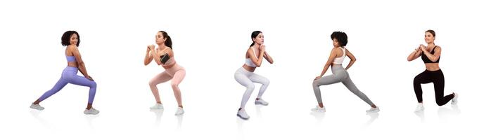 A group of five women demonstrate different types of squat exercises in a bright indoor space. Each woman showcases a distinct squat style, emphasizing fitness and strength training. photo