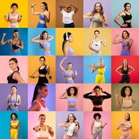 Diverse group of women displaying various fitness poses against colorful backgrounds. Each individual expresses enthusiasm and strength while engaging in different workout activities. photo