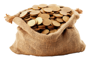 Bag filled with golden coins on a white background png
