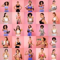 A vibrant array of women engaged in activities promoting health and fitness. They demonstrate various exercises and hold workout gear in a pink backdrop, embodying energy and vitality. photo