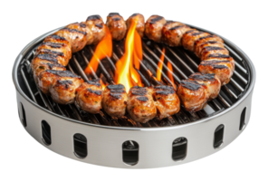 Grilled sausages sizzling over an open flame png