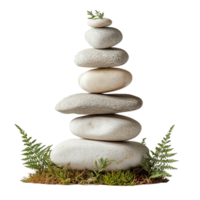 Rock Stacks Featuring Smooth Stones with Moss and Ferns Isolated on Transparent Background png