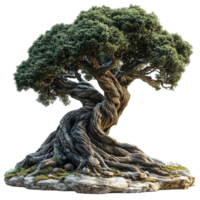 Enchanting Gnarled Tree with Sprawling Roots Over Rocks Isolated on Transparent Background png