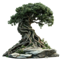 Ancient Tree with Unique Twisted Trunk and Dense Leaves png