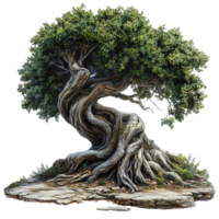 Twisted Tree with Thick Foliage and Rocky Base Isolated on Transparent Background png