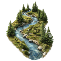 Winding River Through Lush Greenery and Evergreen Trees png