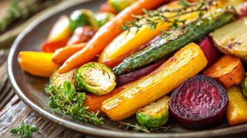 A variety of colorful seasonal vegetables, including carrots, zucchini, and Brussels sprouts, are roasted to perfection and garnished with fresh herbs, beautifully arranged on a rustic plate. photo