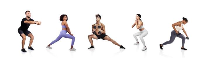 Five people are performing various strength training exercises. Different body types and workout gear reflect diversity in fitness. The setting is bright and clean, enhancing the workout atmosphere. photo