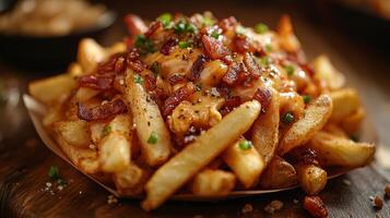 A tempting plate of loaded fries sits on a wooden table, topped with crispy bacon, melted cheese, and fresh green onions. The setting is warm and inviting, perfect for a late-night snack. photo