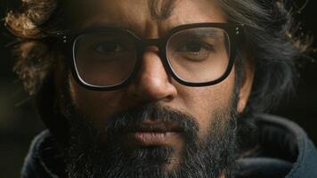 Extreme close up serious calm Arabian male face in eyeglasses looking at camera portrait headshot Muslim guy bearded Indian man look eyesight vision in glasses medical health problem ophthalmology photo