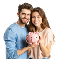 Smiling young couple standing with hand holding piggy bank side view isolate on transparency background png