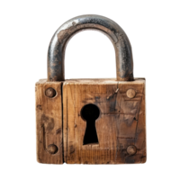 padlock with a wooden structure, set against a completely plain white background png